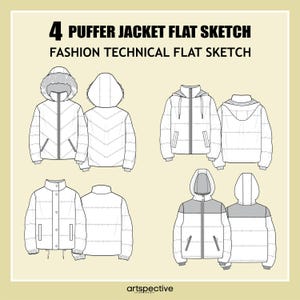 Unisex 4-tlg. Wattierte Jacke Mode Flache Skizze - Mode Vektor Skizze - Technische Mode Skizze - Unisex Jacke Skizze