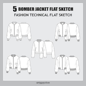 Womens 5 pcs. BOMBER Jacket Fashion Flat Sketch - Fashion Vector Sketch - Technical Fashion Sketch - Womenswear Jacket Sketch