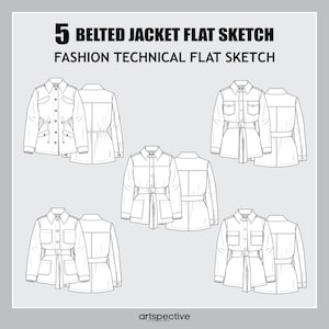 Könnte beinhalten: Fünf technische Flachskizzen von Gürtelsakkos. Jede Skizze zeigt die Vorder- und Rückseite des Sakkos. Die Sakkos haben einen Knopfleisten vorne, lange Ärmel und einen Gürtel in der Taille.