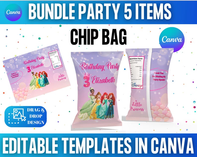 Princess Birthday Decorations, Editable Princess Party Favor, Princess