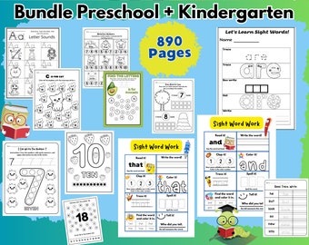 Bundle 890 Pages Preschool + Kindergarten Learning, Printable Activity Worksheets, Sight Words Worksheets, Dot To Dot, Tracing, Alphabet