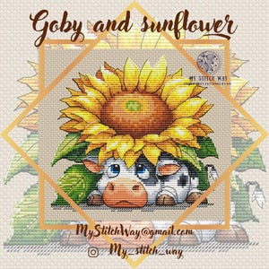 Puede incluir: Patrón de punto de cruz que presenta una vaca asomándose por debajo de un gran girasol. El girasol tiene pétalos amarillos y un centro marrón. La vaca es blanca con manchas negras y ojos azules. El texto dice "Goby and sunflower".