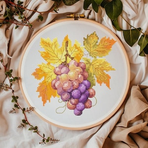 Puede incluir: Un aro de bordado de punto de cruz con un diseño de vid. Las uvas son moradas y blancas, y las hojas son amarillas y verdes.