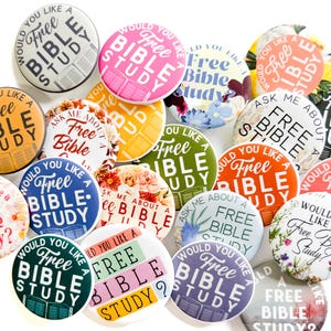 May include: A collection of colorful round buttons with various floral and geometric designs. The buttons feature the text "Would you like a Free Bible Study?" in different fonts and colors.