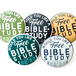 May include: Five round buttons with the text "Would you like a Free Bible Study" in different colors. The buttons are green, black, orange, teal, and light blue.