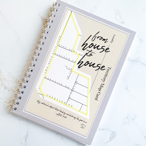 May include: A gray spiral bound notebook with a yellow map on the cover. The map is labeled "Territory Map Card" and has the text "from house to house" written on it. The notebook also has the text "They continued without ceasing teaching and declaring the good news" and "Acts 5:42" printed on the cover.