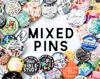 May include: A collection of colorful, round pins with various religious and inspirational messages. The pins feature different designs, including floral patterns, cartoon characters, and abstract art. The text on the pins includes phrases like "Jehovah is my best friend", "Best life ever", and "Preach the word".
