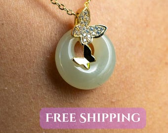 Natural Jade Necklace Pendant for Women – 14K Gold Plated Sterling Silver - Dainty Minimalist Gift for Her Birthday - Butterfly Necklace