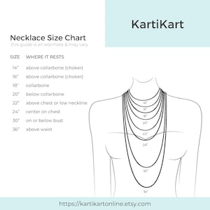 May include: Necklace size chart with a diagram showing where different lengths of necklaces rest on the body. The chart includes measurements from 14 inches to 36 inches. The text reads "Necklace Size Chart" and "this guide is an estimate & may vary".