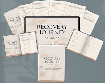 May include: A set of recovery journal planners with a beige and brown floral design. The cover of the planner says "Recovery Journey Planner Breaking Chains: Your Daily Guide to Recovery".