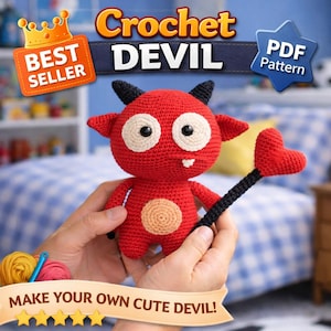 Peut inclure: Poupée diable rouge au crochet avec des cornes noires et une fourche en forme de cœur. La poupée a de grands yeux blancs et un ventre beige. L'image comprend le texte "Crochet Devil" et "Make Your Own Cute Devil!"