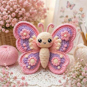 Könnte beinhalten: Ein handgefertigter Häkel-Schmetterling in Rosa, Lavendel und Creme. Der Schmetterling hat detaillierte Flügelmuster mit floralen Akzenten und einem lächelnden Gesicht. Ideal für Kinderzimmer oder als einzigartiges Geschenk.
