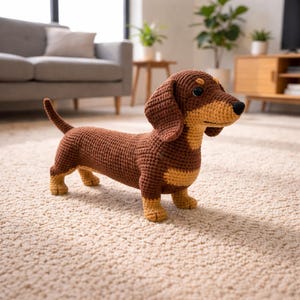 Peut inclure: Un chien teckel au crochet, de couleurs marron et beige. Le chien fait main a un long corps, des pattes courtes et des oreilles tombantes. Le chien est posé sur un tapis de couleur claire, avec un salon en arrière-plan.