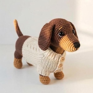 Dachshund Amigurumi Crochet Pattern PDF – Realistic Bicolor Dog with Sweater, Step-by-Step Tutorial