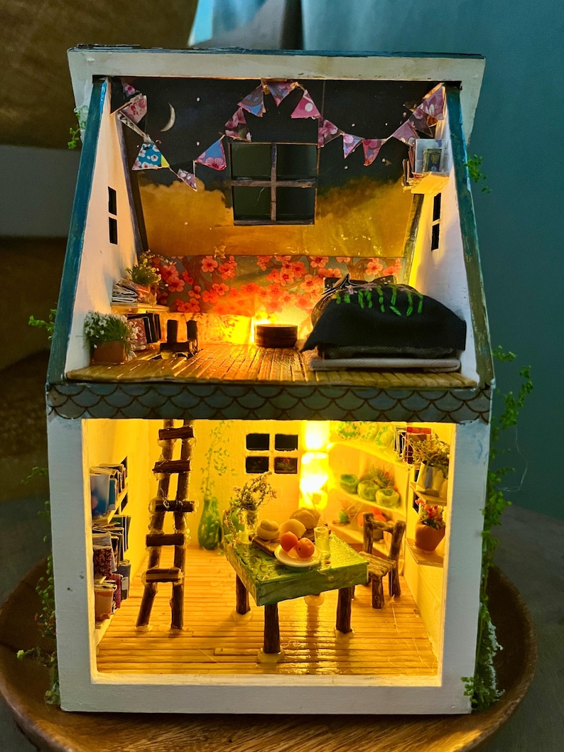Handmade Fairy Cottage House with Vines, Flowers, Lights image 2
