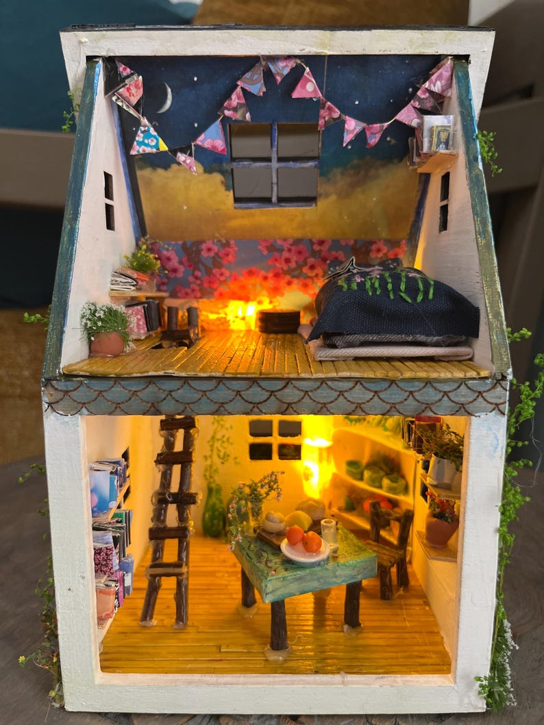 Handmade Fairy Cottage House with Vines, Flowers, Lights image 1