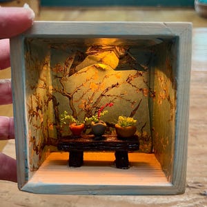 Miniature plants in a lighted box OOAK