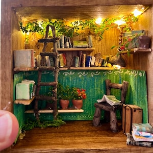 Miniature Reading Nook: Lit Bookcase Diorama (4” x 4”)