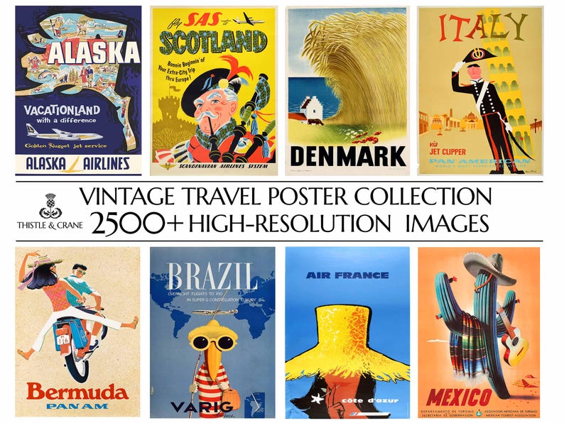 May include: A collection of vintage travel posters featuring destinations like Alaska, Scotland, Denmark, Italy, Brazil, France, Bermuda, and Mexico. The posters are colorful and feature iconic imagery from each location.