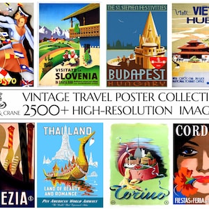 May include: A collage of vintage travel posters featuring destinations like Venice, Thailand, Budapest, Cordoba, and Slovenia. The posters are colorful and feature illustrations of iconic landmarks and people.