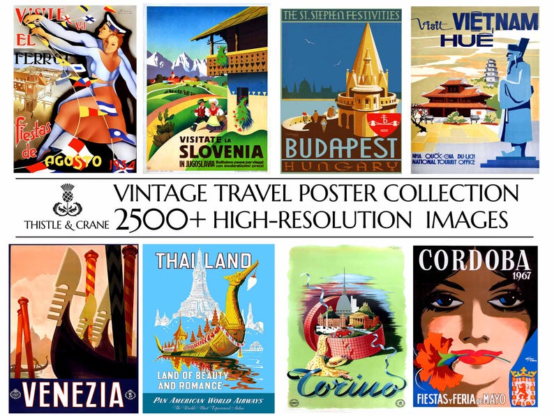 May include: A collage of vintage travel posters featuring destinations like Venice, Thailand, Budapest, Cordoba, and Slovenia. The posters are colorful and feature illustrations of iconic landmarks and people.