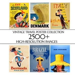 May include: A collection of six vintage travel posters featuring illustrations of Scotland, Denmark, Italy, Bermuda, Brazil, and the Côte d'Azur. The text reads VINTAGE TRAVEL POSTER COLLECTION 2500+ HIGH-RESOLUTION IMAGES, showcasing various colourful graphic designs.