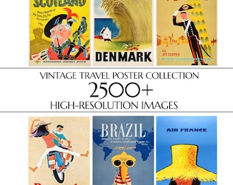Peut inclure: Une collection de six affiches de voyage vintage illustrant l'Écosse, le Danemark, l'Italie, les Bermudes, le Brésil et la Côte d'Azur. Le texte indique VINTAGE TRAVEL POSTER COLLECTION 2500+ HIGH-RESOLUTION IMAGES, présentant divers designs graphiques colorés.