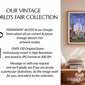 May include: A digital collection of over 150 high-resolution 300 DPI JPG scans of vintage World's Fair artwork, including a 1934 Chicago World's Fair poster featuring a tall tower, city skyline, and the text Tour the World at the Fair.