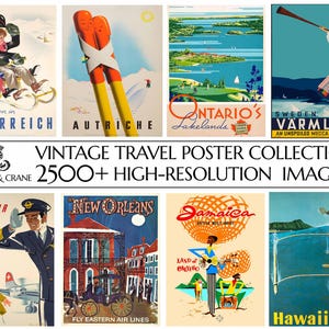 May include: A collection of vintage travel posters featuring destinations like Austria, Ontario, Sweden, New Orleans, Jamaica, and Hawaii. The posters are colorful and feature illustrations of people, landscapes, and landmarks.