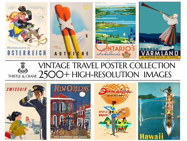 May include: A collection of vintage travel posters featuring destinations like Austria, Ontario, Sweden, New Orleans, Jamaica, and Hawaii. The posters are colorful and feature illustrations of people, landscapes, and landmarks.