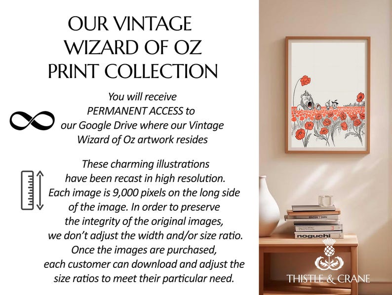 May include: A framed print featuring a Wizard of Oz illustration with a field of red poppies. The artwork is in a wooden frame and is displayed on a beige wall. The text on the image says "OUR VINTAGE WIZARD OF OZ PRINT COLLECTION".