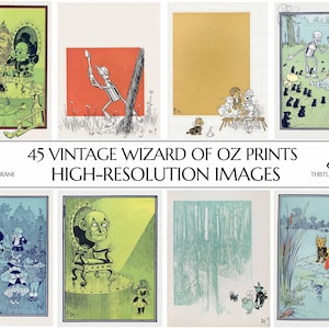 May include: A collection of vintage Wizard of Oz prints. The image showcases several colorful illustrations from the classic story, with characters like the Tin Man, Scarecrow, and Dorothy. Text reads "45 VINTAGE WIZARD OF OZ PRINTS HIGH-RESOLUTION IMAGES".