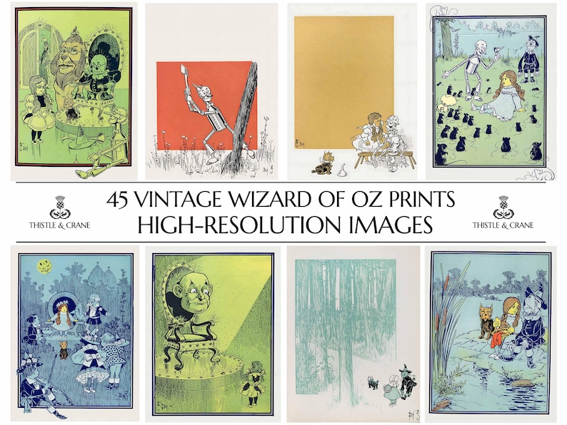 May include: A collection of vintage Wizard of Oz prints. The image showcases several colorful illustrations from the classic story, with characters like the Tin Man, Scarecrow, and Dorothy. Text reads "45 VINTAGE WIZARD OF OZ PRINTS HIGH-RESOLUTION IMAGES".