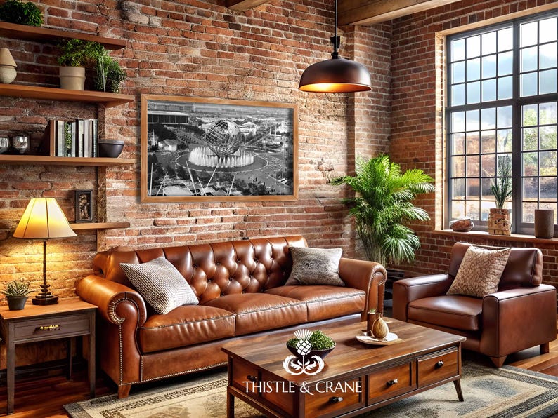 May include: A brown leather tufted sofa and matching armchair in a room with exposed brick walls. A wooden coffee table features a Thistle & Crane logo. A framed black and white photograph of the Unisphere hangs above the sofa near a window.