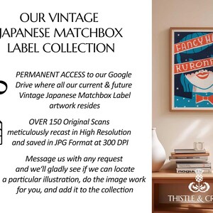 May include: A framed vintage Japanese matchbox label art print with a red, blue, and white design. The print displays the words "FANCY HALL KURONEKO". The image also includes text about the collection and access to the artwork.