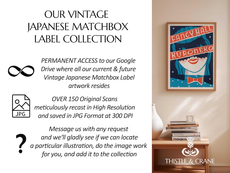 May include: A framed vintage Japanese matchbox label art print with a red, blue, and white design. The print displays the words "FANCY HALL KURONEKO". The image also includes text about the collection and access to the artwork.