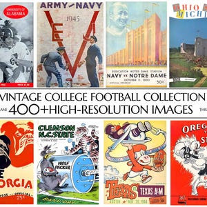 Puede incluir: Una colección de carteles de fútbol universitario vintage. Los carteles presentan equipos como Alabama, Army-Navy, Notre Dame, Ohio State, Michigan, Yale, Georgia, Clemson, N.C. State, Texas, A&M, Oregón y Stanford. La colección incluye más de 400 imágenes de alta resolución.