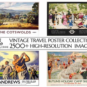 May include: A collage of four vintage travel posters. The top left poster features a landscape scene of The Cotswolds. The top right poster shows a group of people in a park. The bottom left poster shows a golf course with the text "St. Andrews" and "The Home of the Royal and Ancient Game". The bottom right poster shows a beach scene with the text "Butlin's Holiday Camp Skegness" and "It's Quicker by Rail".