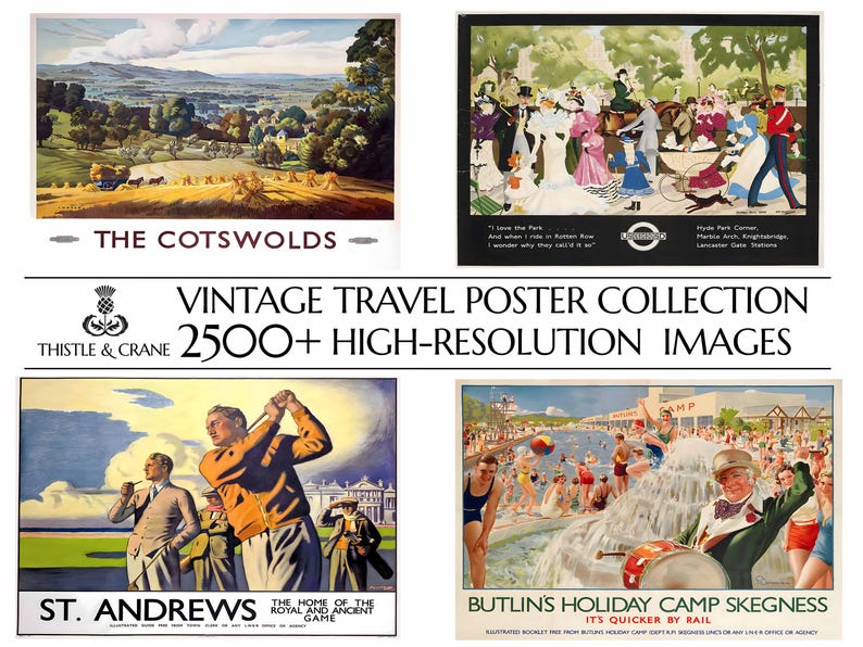 May include: A collage of four vintage travel posters. The top left poster features a landscape scene of The Cotswolds. The top right poster shows a group of people in a park. The bottom left poster shows a golf course with the text "St. Andrews" and "The Home of the Royal and Ancient Game". The bottom right poster shows a beach scene with the text "Butlin's Holiday Camp Skegness" and "It's Quicker by Rail".