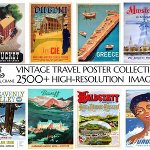May include: A collection of vintage travel posters featuring destinations like Nantucket, Dublin, Greece, Amsterdam, Heavenly Valley, Banff, Hallstatt, and Uruguay. The posters are colorful and feature illustrations of iconic landmarks and scenes from each location.