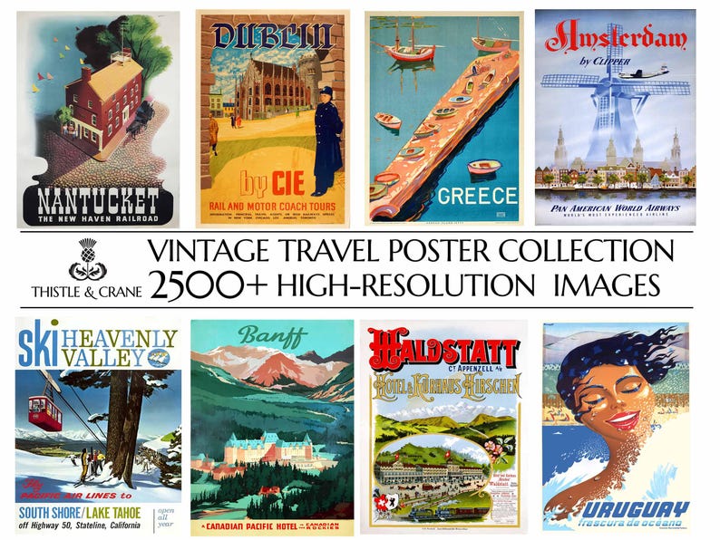 May include: A collection of vintage travel posters featuring destinations like Nantucket, Dublin, Greece, Amsterdam, Heavenly Valley, Banff, Hallstatt, and Uruguay. The posters are colorful and feature illustrations of iconic landmarks and scenes from each location.