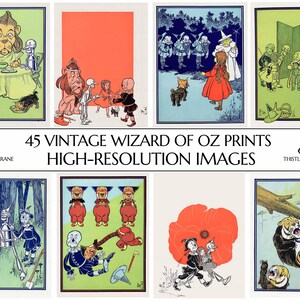 May include: A collection of vintage Wizard of Oz prints. The images feature colorful illustrations of characters and scenes from the classic story, including the Cowardly Lion, Dorothy, and the Tin Man. The text reads "45 VINTAGE WIZARD OF OZ PRINTS HIGH-RESOLUTION IMAGES".