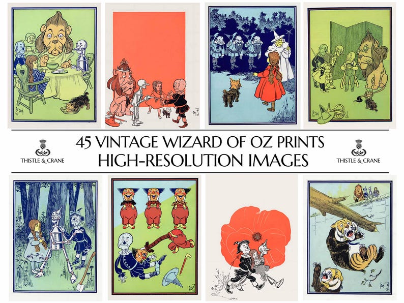 May include: A collection of vintage Wizard of Oz prints. The images feature colorful illustrations of characters and scenes from the classic story, including the Cowardly Lion, Dorothy, and the Tin Man. The text reads "45 VINTAGE WIZARD OF OZ PRINTS HIGH-RESOLUTION IMAGES".