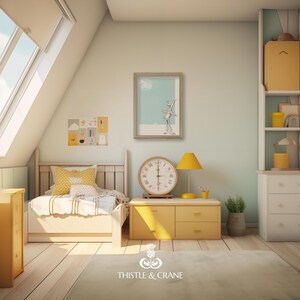 May include: A child's bedroom with a bed, dresser, and artwork. The room is painted in light colors with a wooden floor. A large clock sits on a yellow dresser. A framed picture hangs on the wall. The room is decorated in a modern style.