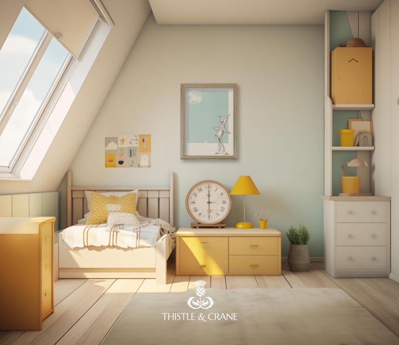 May include: A child's bedroom with a bed, dresser, and artwork. The room is painted in light colors with a wooden floor. A large clock sits on a yellow dresser. A framed picture hangs on the wall. The room is decorated in a modern style.