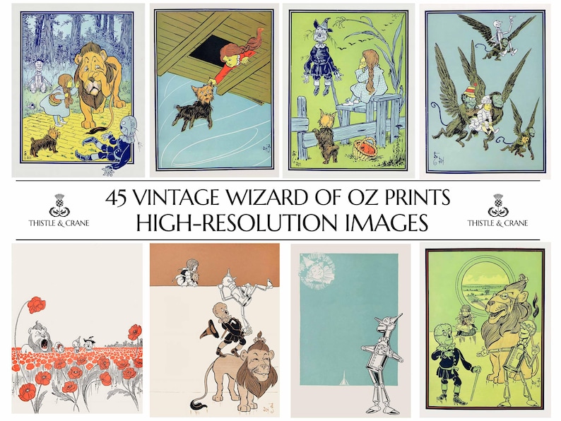 May include: A collection of vintage Wizard of Oz prints. The images feature illustrations of characters like the Lion, Dorothy, Scarecrow, and Tin Man. The text reads "45 VINTAGE WIZARD OF OZ PRINTS HIGH-RESOLUTION IMAGES" and "THISTLE & CRANE".