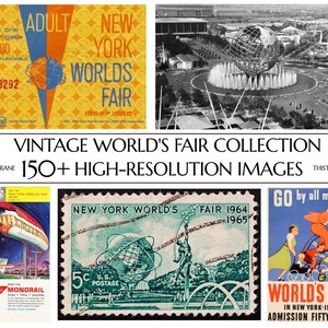 May include: A digital collection of vintage New York World's Fair imagery featuring a 1964-1965 admission ticket, a black and white aerial view of the Unisphere, a monorail brochure, a 1964-1965 postage stamp, and a 1940 World's Fair promotional poster.