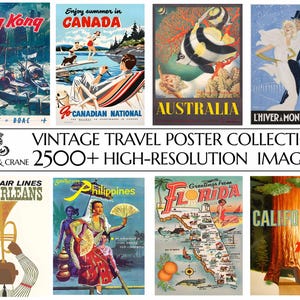 May include: A collage of vintage travel posters featuring destinations like Hong Kong, Canada, Australia, New Orleans, Philippines, Florida, and California. The posters are colorful and feature iconic imagery from each location.