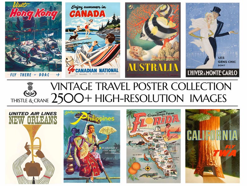 May include: A collage of vintage travel posters featuring destinations like Hong Kong, Canada, Australia, New Orleans, Philippines, Florida, and California. The posters are colorful and feature iconic imagery from each location.