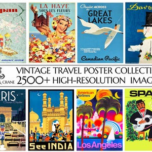 May include: A collection of vintage travel posters featuring destinations like Japan, La Haye, Great Lakes, Davos, Paris, India, Los Angeles, and Spain. The posters are colorful and feature iconic imagery from each location.